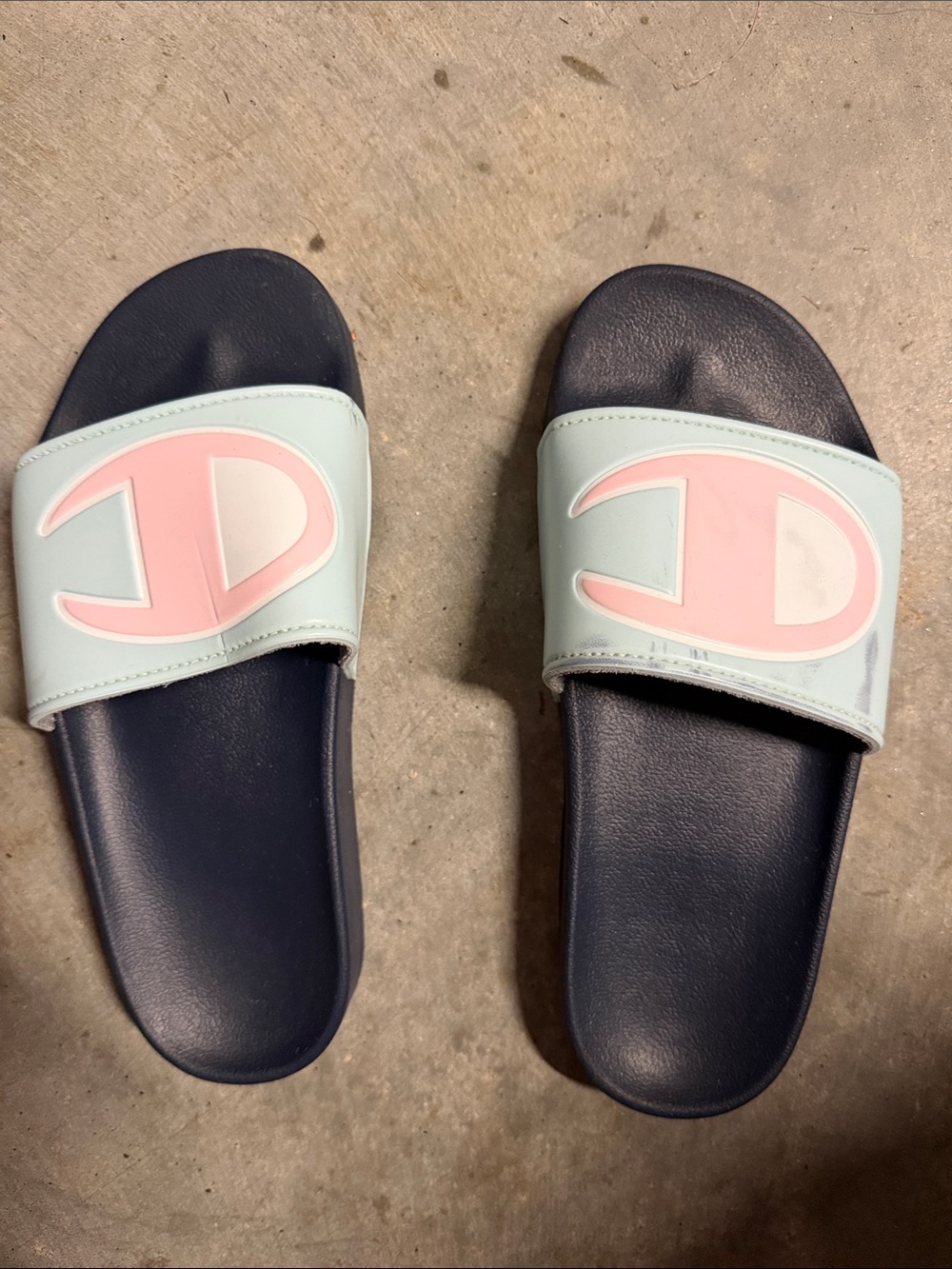 Champion Slide Sandals in Navy, Mint, and Pink Logo